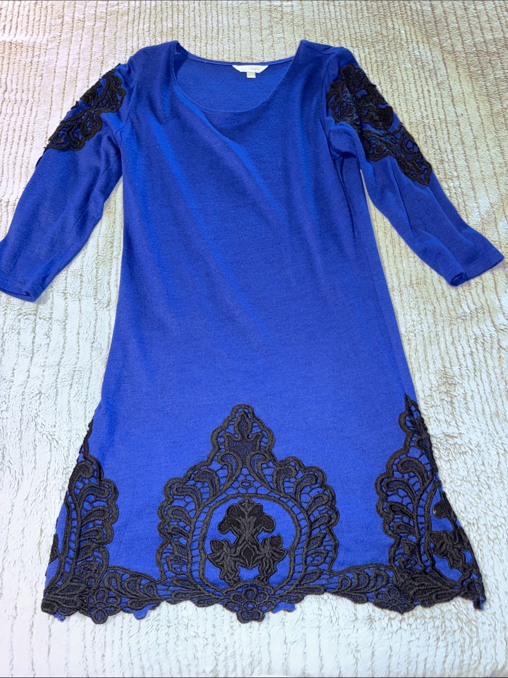 Charming Charlie Cobalt Blue Sweater Dress with Black Lace Appliqué